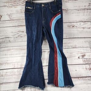 Vintage Zana·Di Flare Jeans Womens 11/12 Blue Denim Striped Y2K Retro Unhemmed